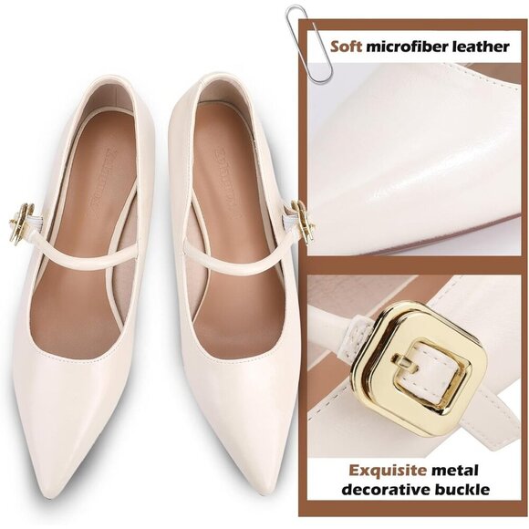🆕Women's Beige Vintage Pointed Slip On Pumps  Mary Jane Low Kitten Heel Shoes - Picture 4 of 8